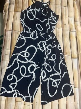 London Times Navy & White Rope Print Cold Shoulder Jumpsuit Size 8